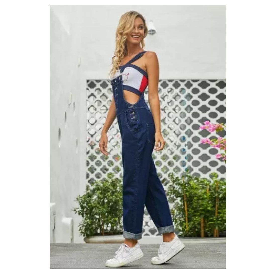 R Gromment Detail Dark Blue Denim Overall