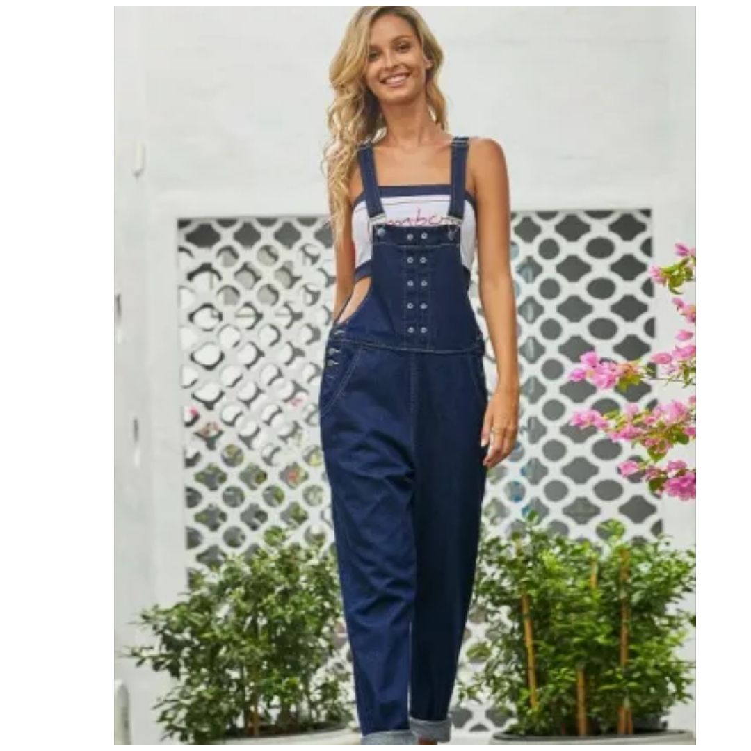 R Gromment Detail Dark Blue Denim Overall