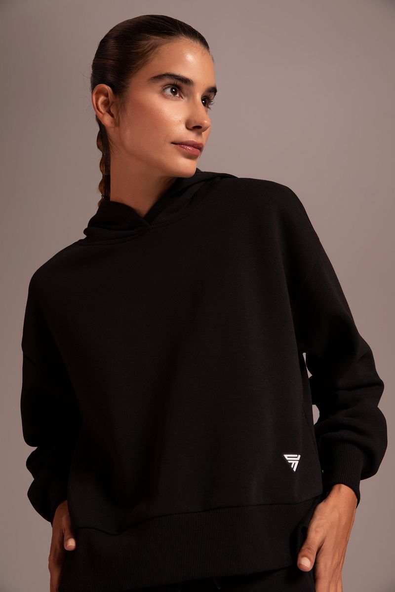Woman Cover-Up Hooded Long Sleeve Knitted Sweat Shirt-Black