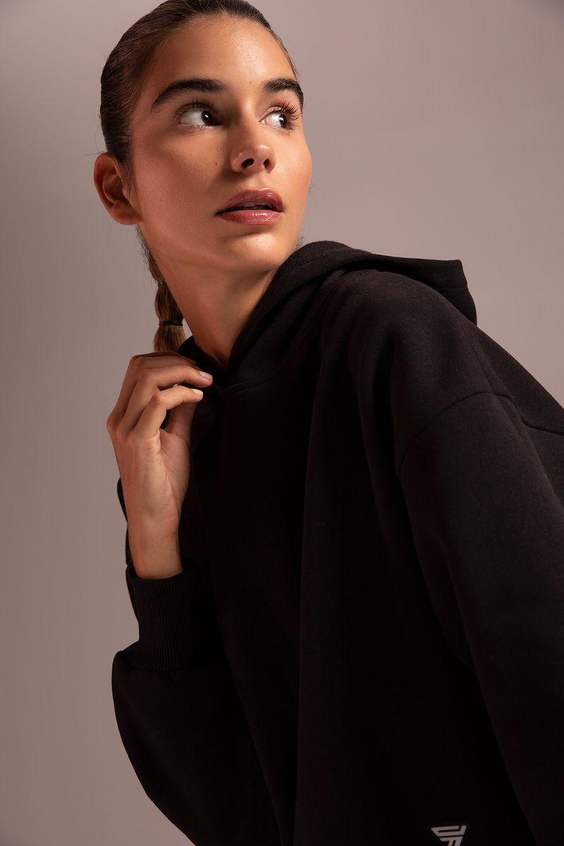 Woman Cover-Up Hooded Long Sleeve Knitted Sweat Shirt-Black
