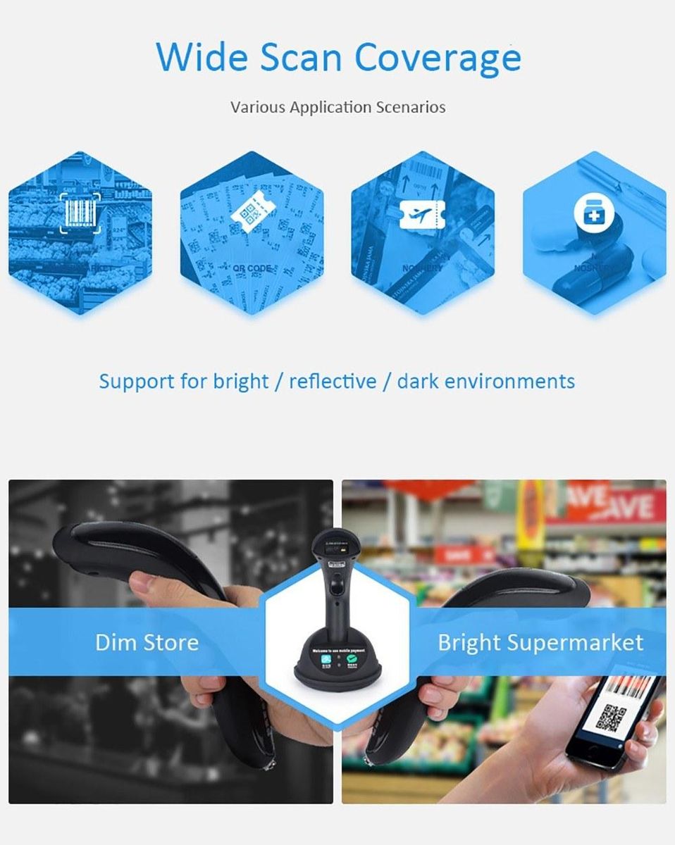 RF1000G Wireless Barcode Scanner Handheld Wechat Scanner Reader for Mobile Payment Computer Screen Supermarket Retail Store Warehouse