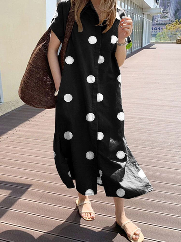 Cottagecore Polka Dot Pocket Lapel Short Sleeve Shirt Dress-White