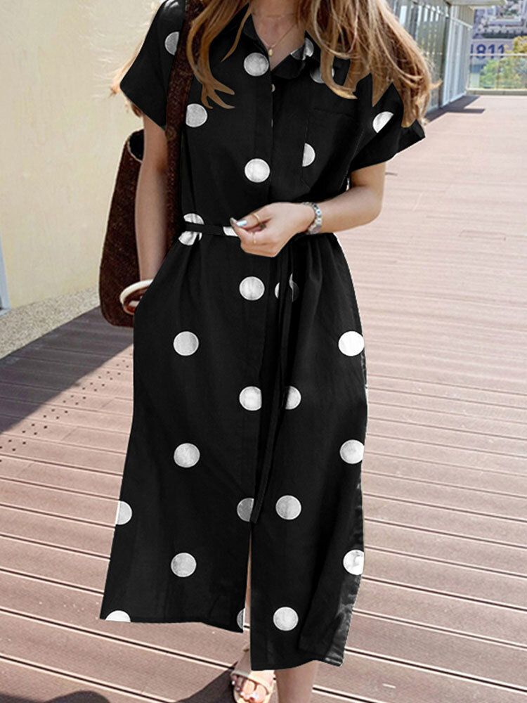 Cottagecore Polka Dot Pocket Lapel Short Sleeve Shirt Dress-White