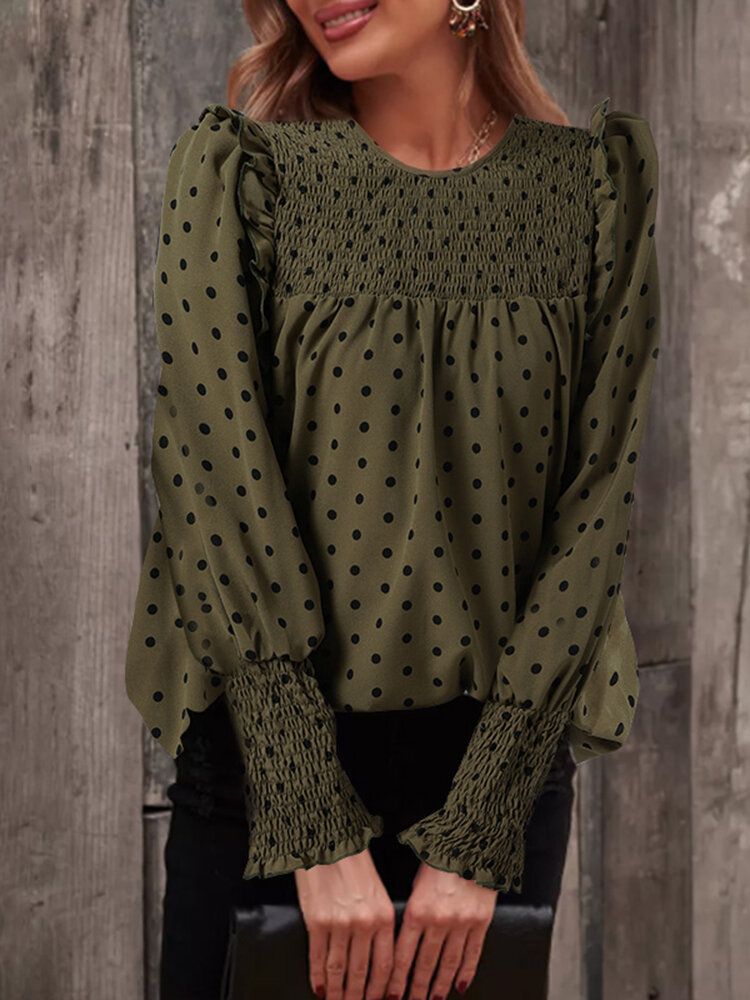 Polka Dot Print Long Sleeve O-neck Pleated Blouse-Army Green
