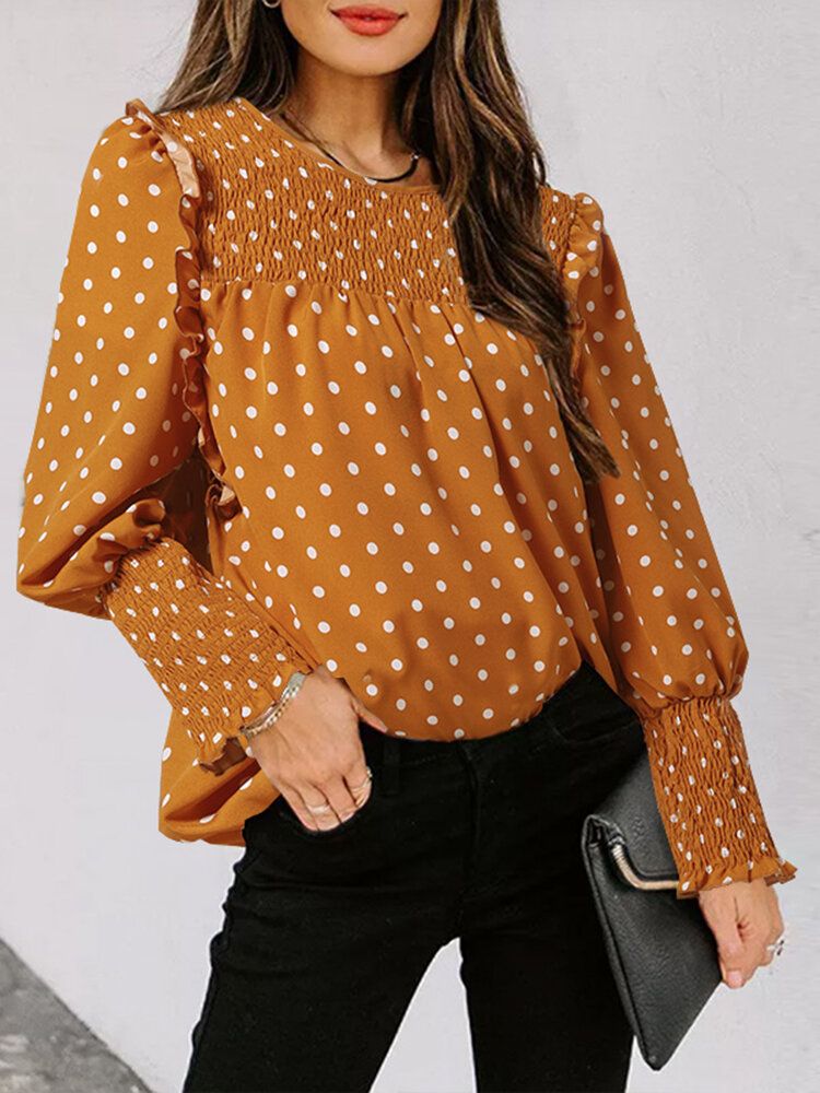 Polka Dot Print Long Sleeve O-neck Pleated Blouse-Army Green