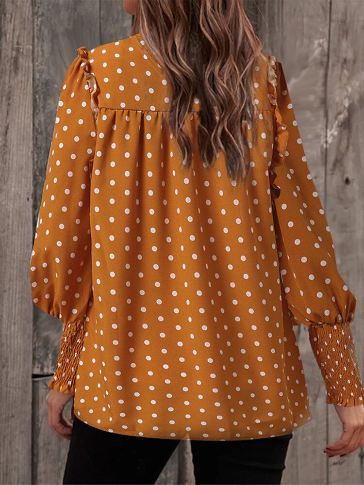 Polka Dot Print Long Sleeve O-neck Pleated Blouse-Army Green