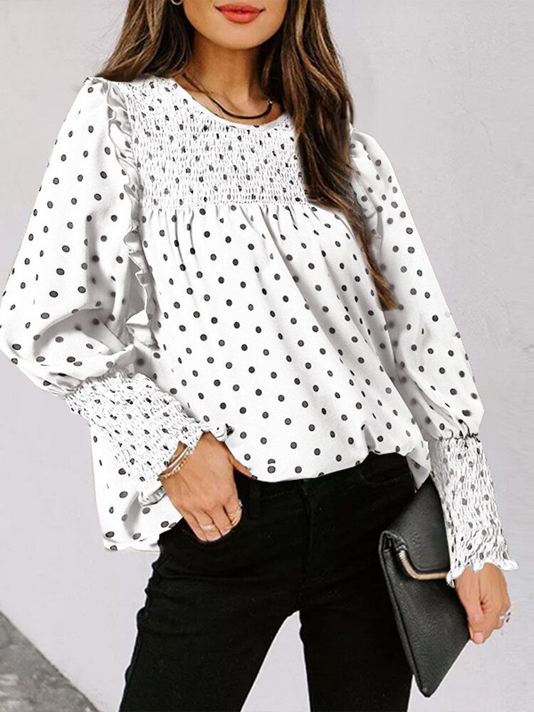 Polka Dot Print Long Sleeve O-neck Pleated Blouse-Army Green