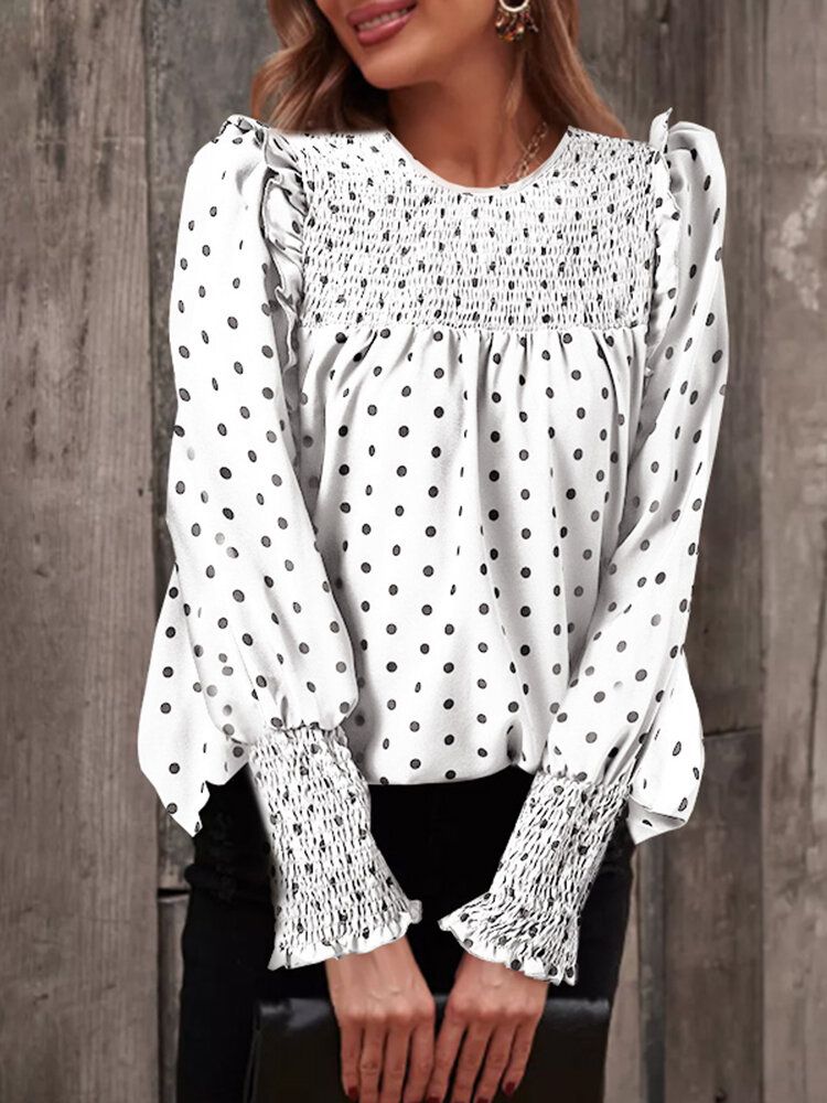 Polka Dot Print Long Sleeve O-neck Pleated Blouse-Army Green