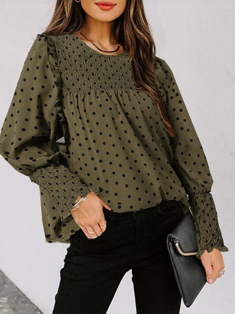 Polka Dot Print Long Sleeve O-neck Pleated Blouse-Black