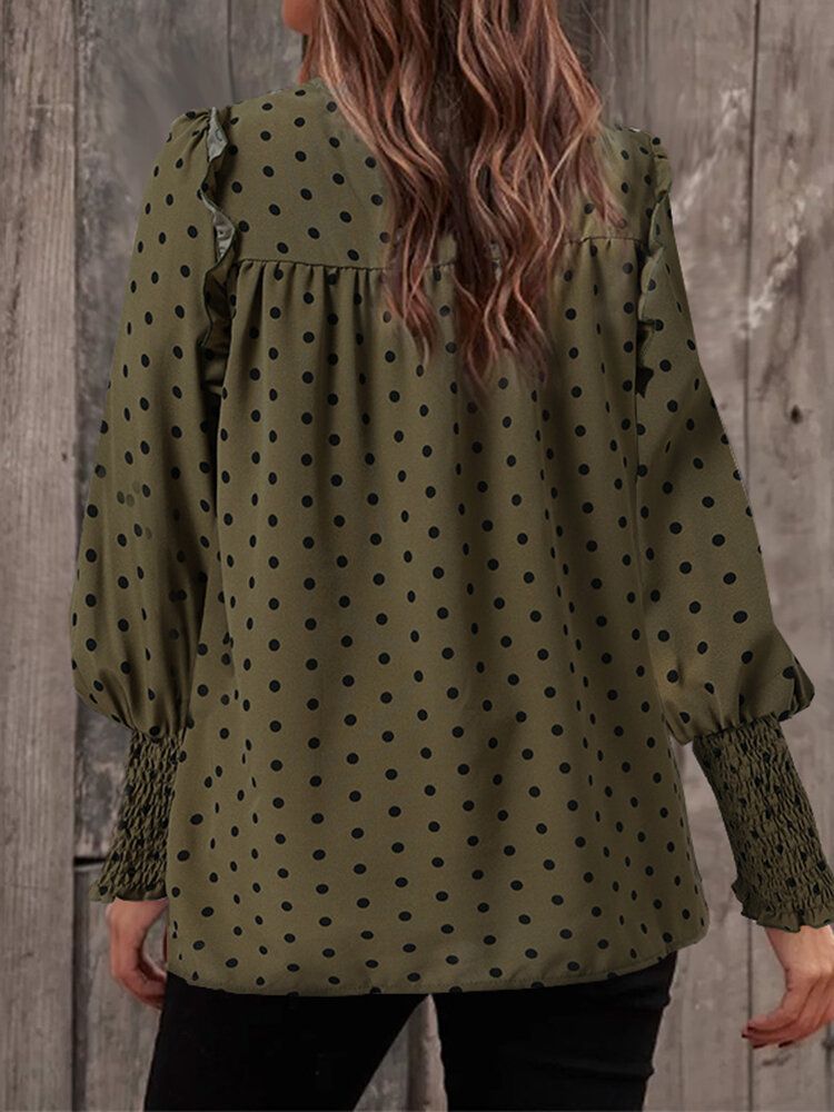Polka Dot Print Long Sleeve O-neck Pleated Blouse-Black