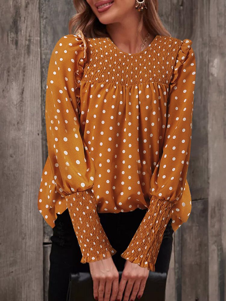 Polka Dot Print Long Sleeve O-neck Pleated Blouse-Black