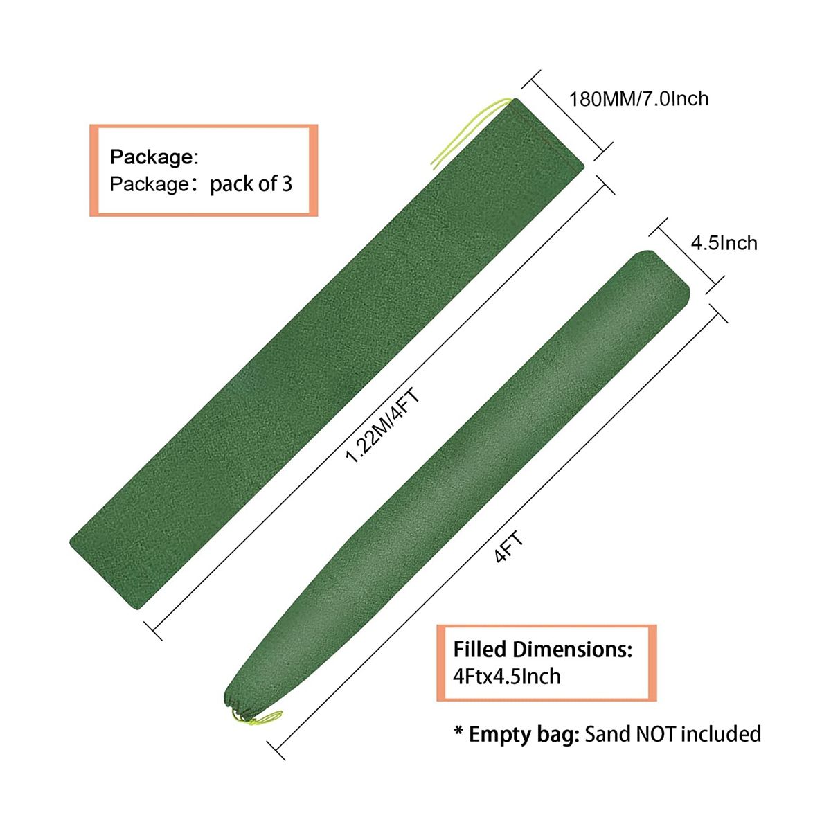 3Pack Long Canvas Sandbags 4Ft X 7Inch Water