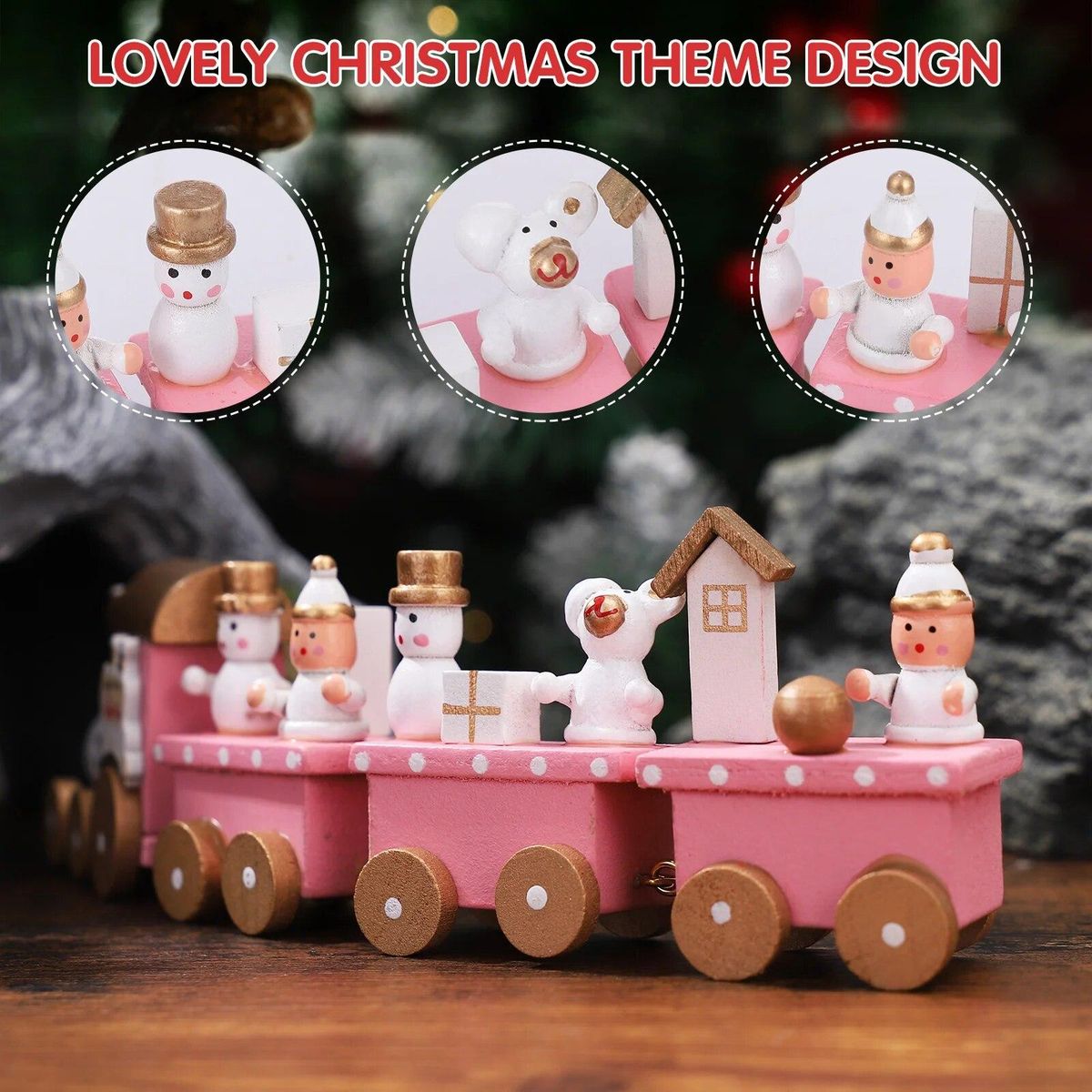 Christmas Wooden Train Ornament with Snowman and Bear Train Rail Set for Kids Christmas Party Kindergarten Decoration,