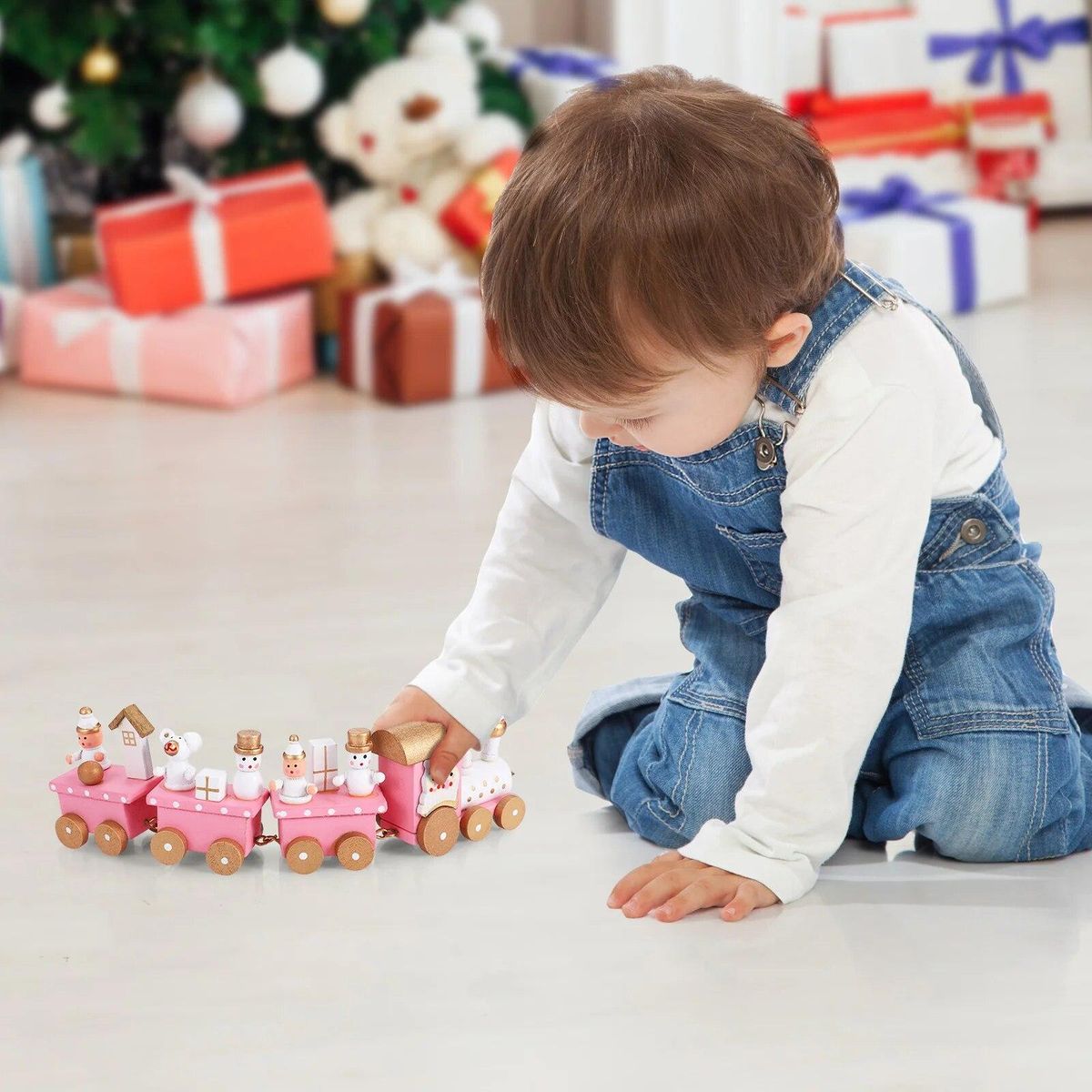 Christmas Wooden Train Ornament with Snowman and Bear Train Rail Set for Kids Christmas Party Kindergarten Decoration,