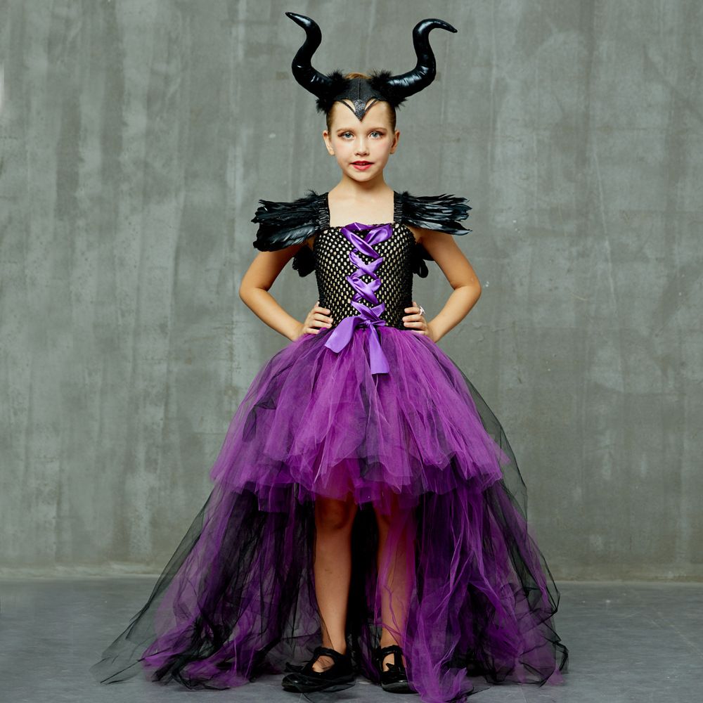 Maleficent Costume Dress Halloween Girls Fancy Christening Kids Cosplay Demon Queen Witch Clothes