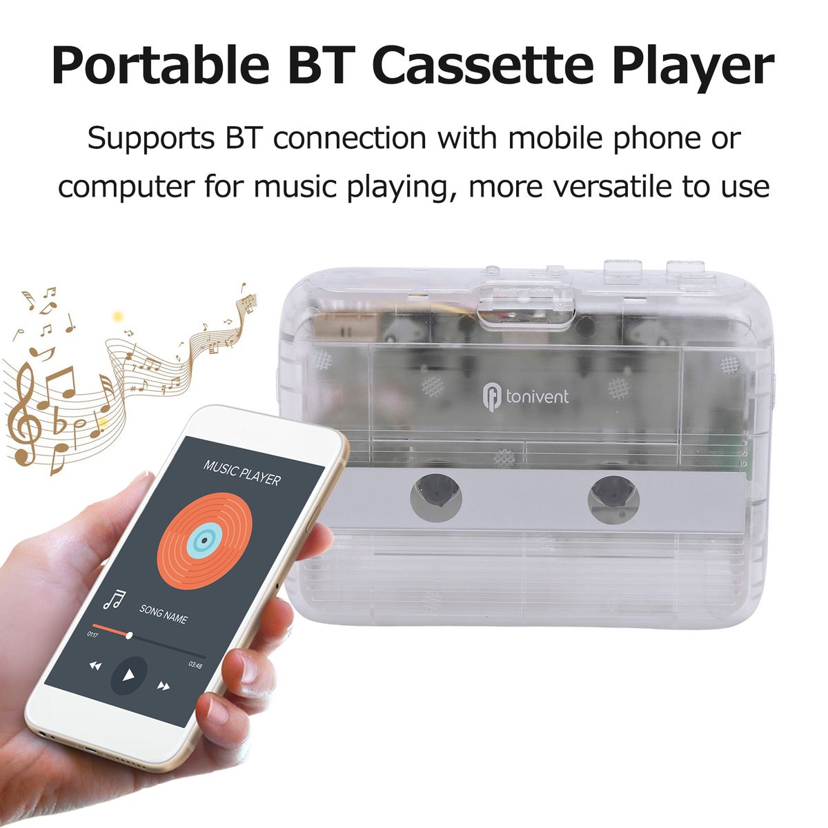 TONIVENT Portable BT Cassette Player Stereo Auto Reverse