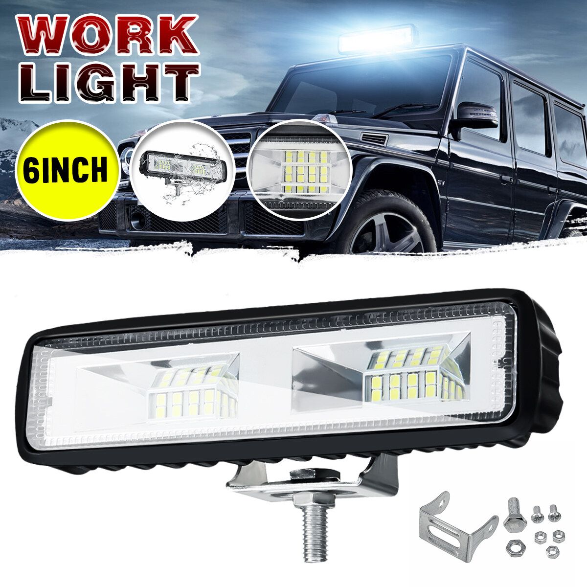 ( 6inch-Flood Beam-Universal) 16led 48W IP67 Car LED Work Light Bar Driving Lamp Inspection Lamp Strip DC10-30V For Perodua Proton ATV Truck Offroad Excavator Tractor 6500K-WHT