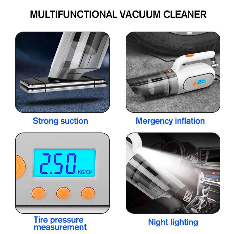 4 In 1 Digital Tyre Tire Inflator Vacuum Cleaner Wet Dry Car Cleaning 120W (White)