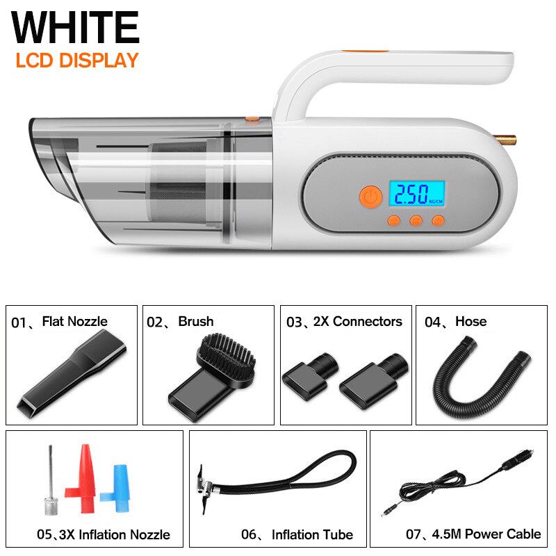 4 In 1 Digital Tyre Tire Inflator Vacuum Cleaner Wet Dry Car Cleaning 120W (White)