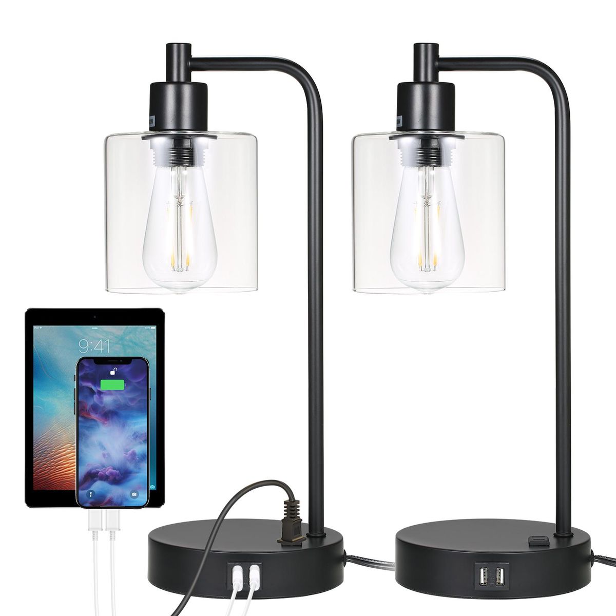 Industrial Table Light Vintage Retro Desk Lamp Bedside Nightstand Light with Two 2.1A USB Ports 1 AC Port Sensitive Touching Control 3 Levels Dimmable Brightness Adjustable with Glass Lampshade for Bedroom Living Room Office 
