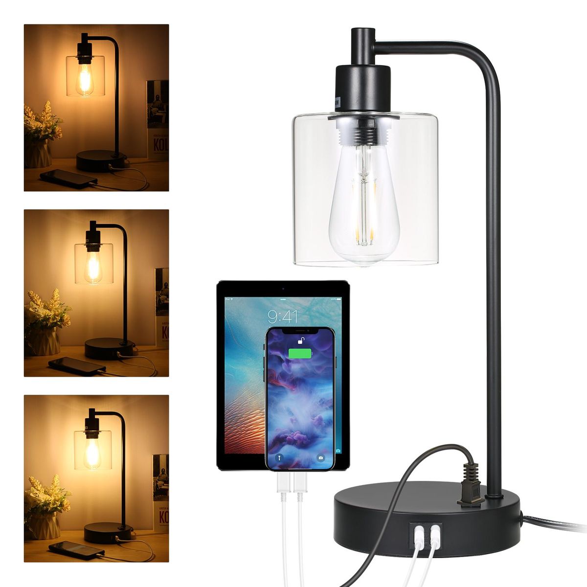 Industrial Table Light Vintage Retro Desk Lamp Bedside Nightstand Light with Two 2.1A USB Ports 1 AC Port Sensitive Touching Control 3 Levels Dimmable Brightness Adjustable with Glass Lampshade for Bedroom Living Room Office 