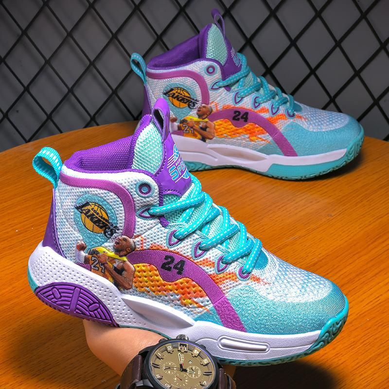 Boys Basketball Shoes Printed Pattern Sneakers Purple