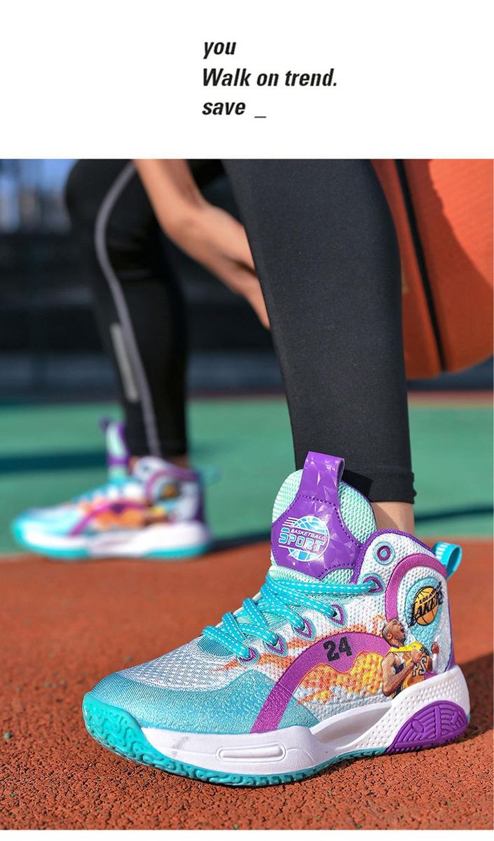 Boys Basketball Shoes Printed Pattern Sneakers Purple