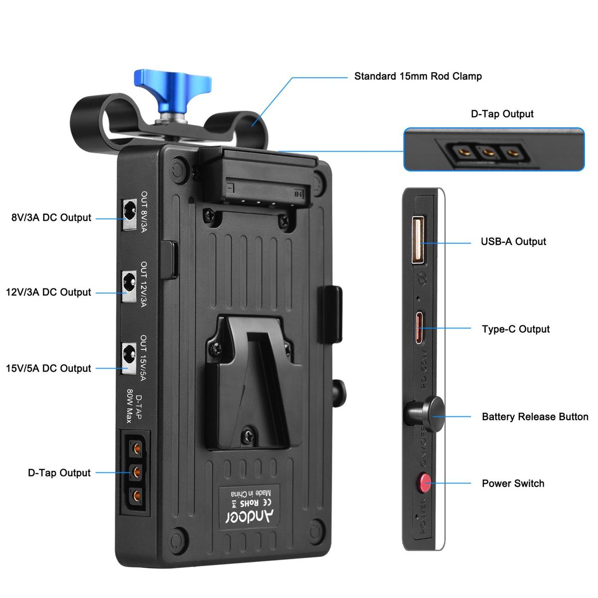 Andoer V Mount Battery Plate V Lock Battery Adapter Plate 65W PD Fast Charging with 15mm Rod Clamp Adjustable Arm 8V/12V/15V DC Outputs D-Tap Output Accessories Replacement for Canon Sony DSLR Camera