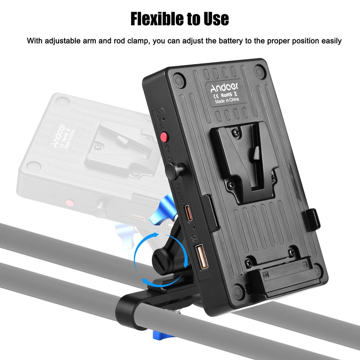 Andoer V Mount Battery Plate V Lock Battery Adapter Plate 65W PD Fast Charging with 15mm Rod Clamp Adjustable Arm 8V/12V/15V DC Outputs D-Tap Output Accessories Replacement for Canon Sony DSLR Camera