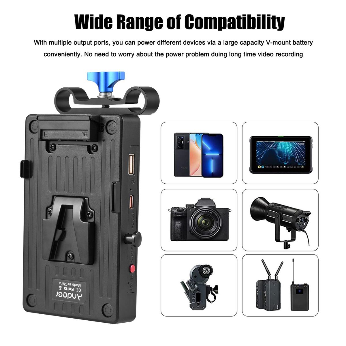 Andoer V Mount Battery Plate V Lock Battery Adapter Plate 65W PD Fast Charging with 15mm Rod Clamp Adjustable Arm 8V/12V/15V DC Outputs D-Tap Output Accessories Replacement for Canon Sony DSLR Camera