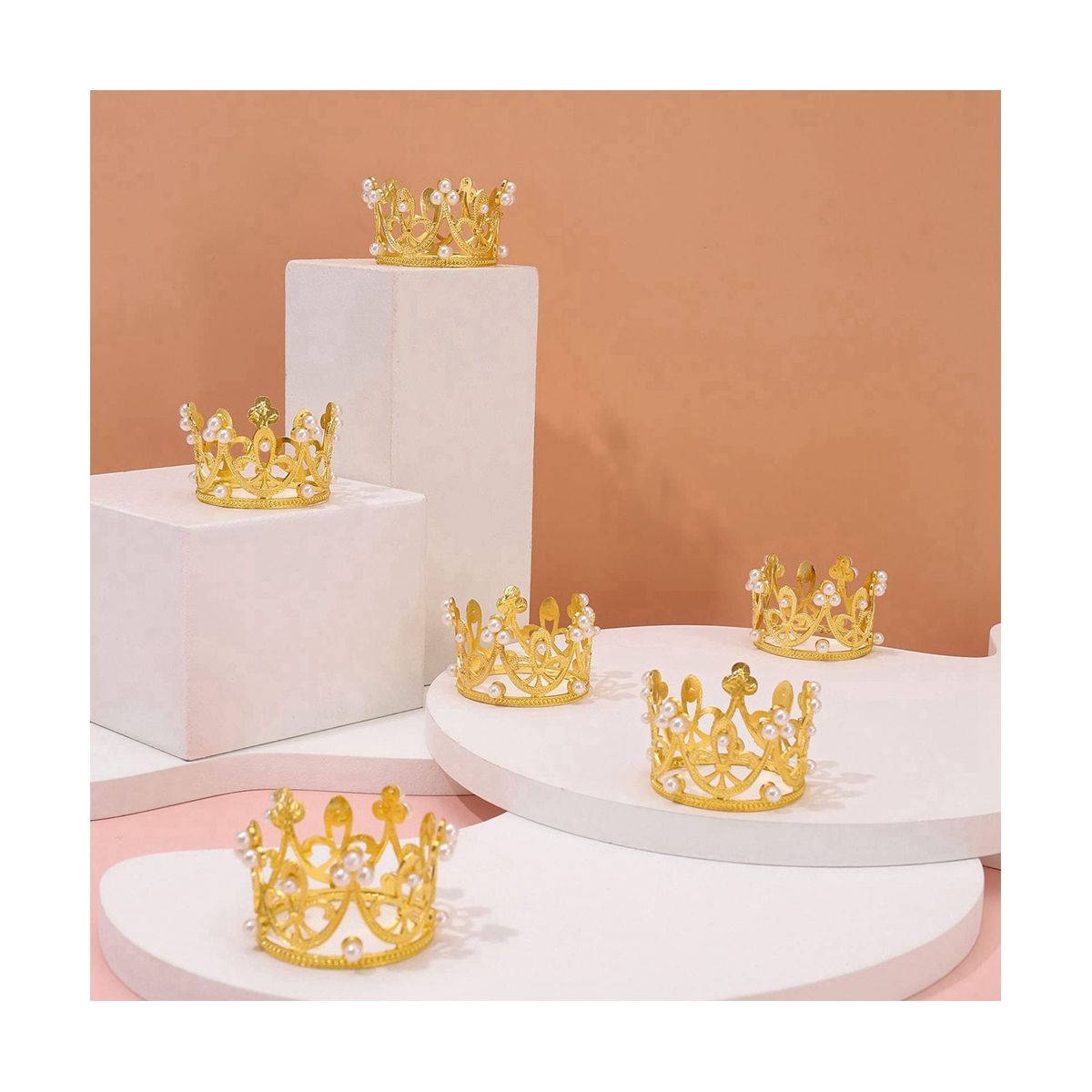 6Pcs Gold Mini Crown Cake Topper Small Crystal Pearl