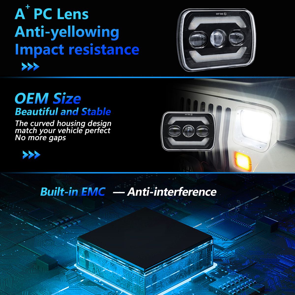 2Pcs 7 Inch LED Headlights Approved 7x6 5x7 Inch LED