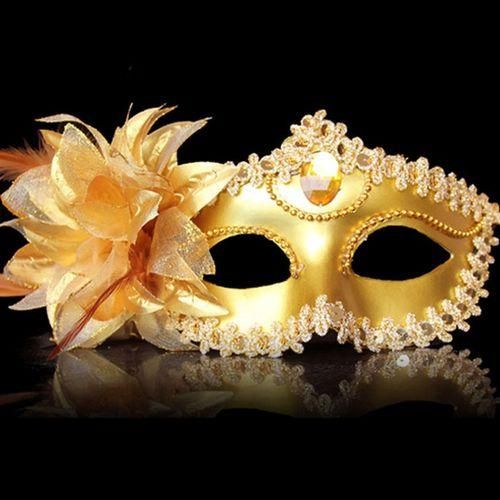Halloween Masquerade Party Dance Plating Side Flower Feather Venice Princess Mask (Gold)
