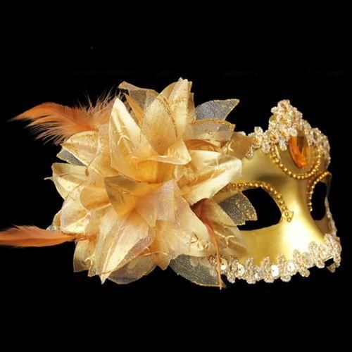 Halloween Masquerade Party Dance Plating Side Flower Feather Venice Princess Mask (Gold)
