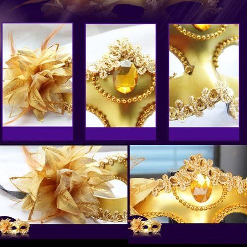 Halloween Masquerade Party Dance Plating Side Flower Feather Venice Princess Mask (Gold)