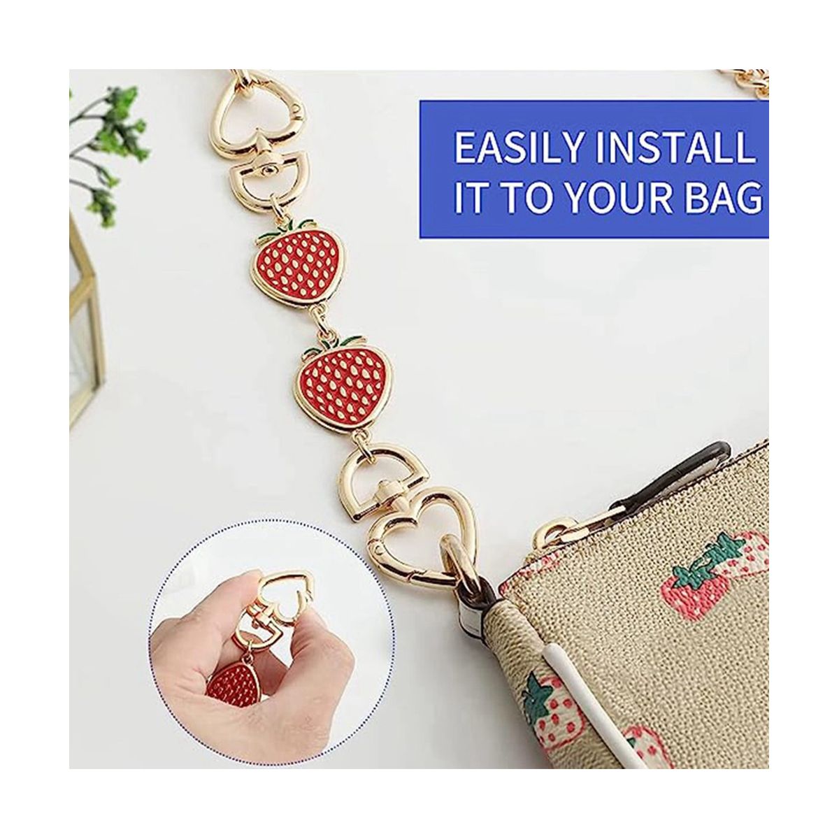 Purse ChainBag Extender Purse Chain Strap for Women Bags Purse Shoulder Belt Chain Red Strawberry Heart 2Pcs