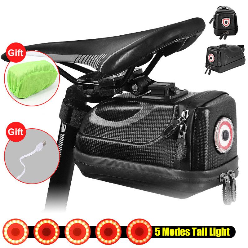 [ 2 Laryer Extendsion With LED Tail Light ] Bike Seat Carriage Bag Waterproof Larger Capacity Box Bag Mountain Bike Outdoor MTB Bicycle Cycling Tail Rear Pouch Black TYPE A