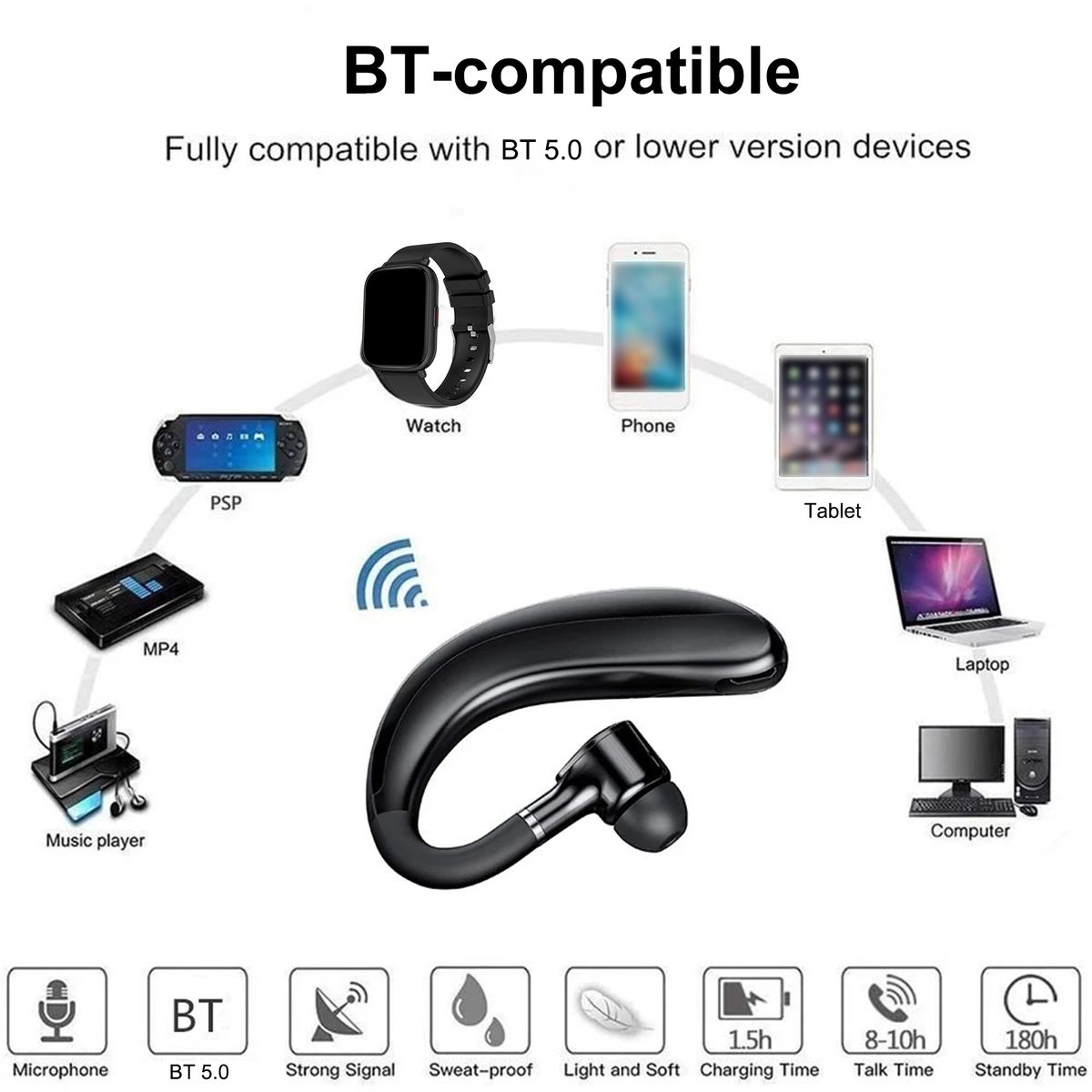 S109 BT Headset Single Ear Wireless Headphone Hands-free