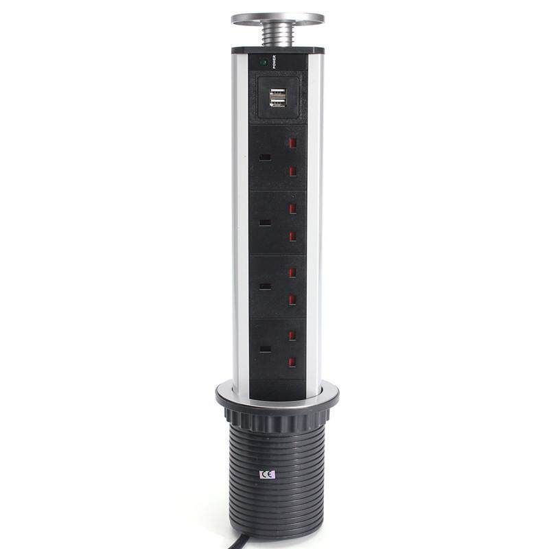 US/UK/EU/AU Plug Pull Up Electrical Socket 2 USB Desk Worktop Extension Lead 250V British Gauge
