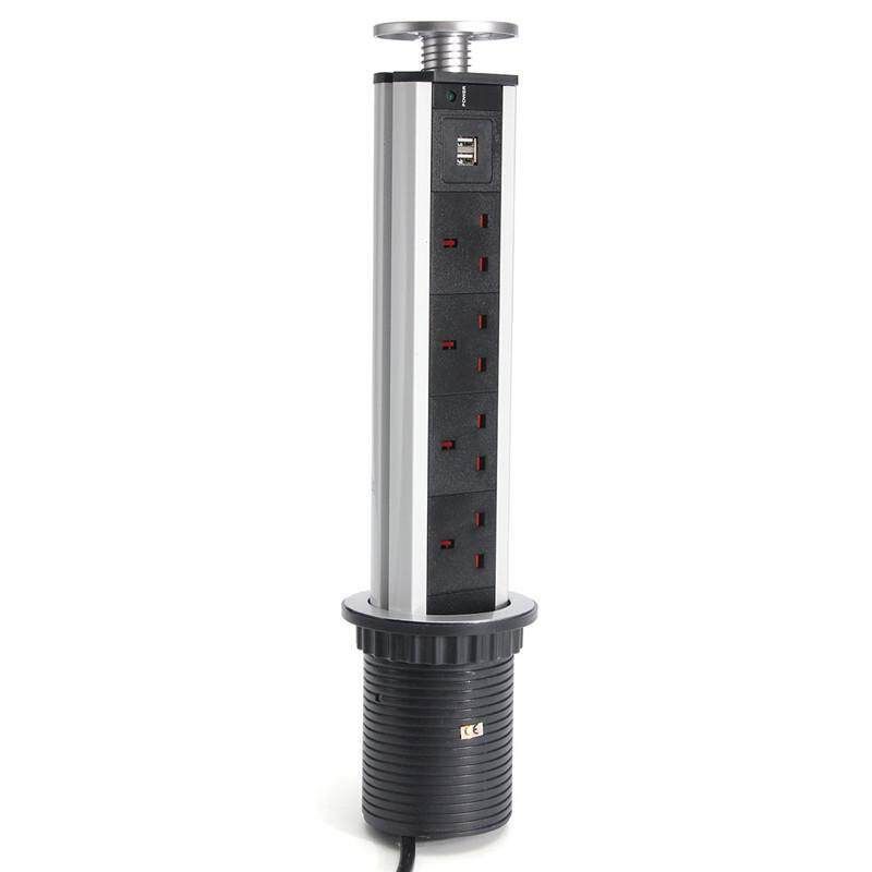 US/UK/EU/AU Plug Pull Up Electrical Socket 2 USB Desk Worktop Extension Lead 250V British Gauge