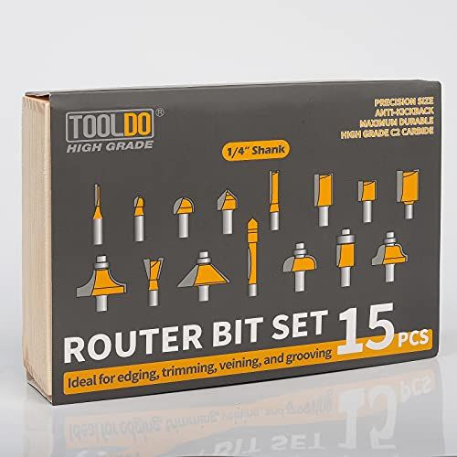 TOOLDO Router Bits 15 Pcs Set With Wooden Box 14 Inch Shank