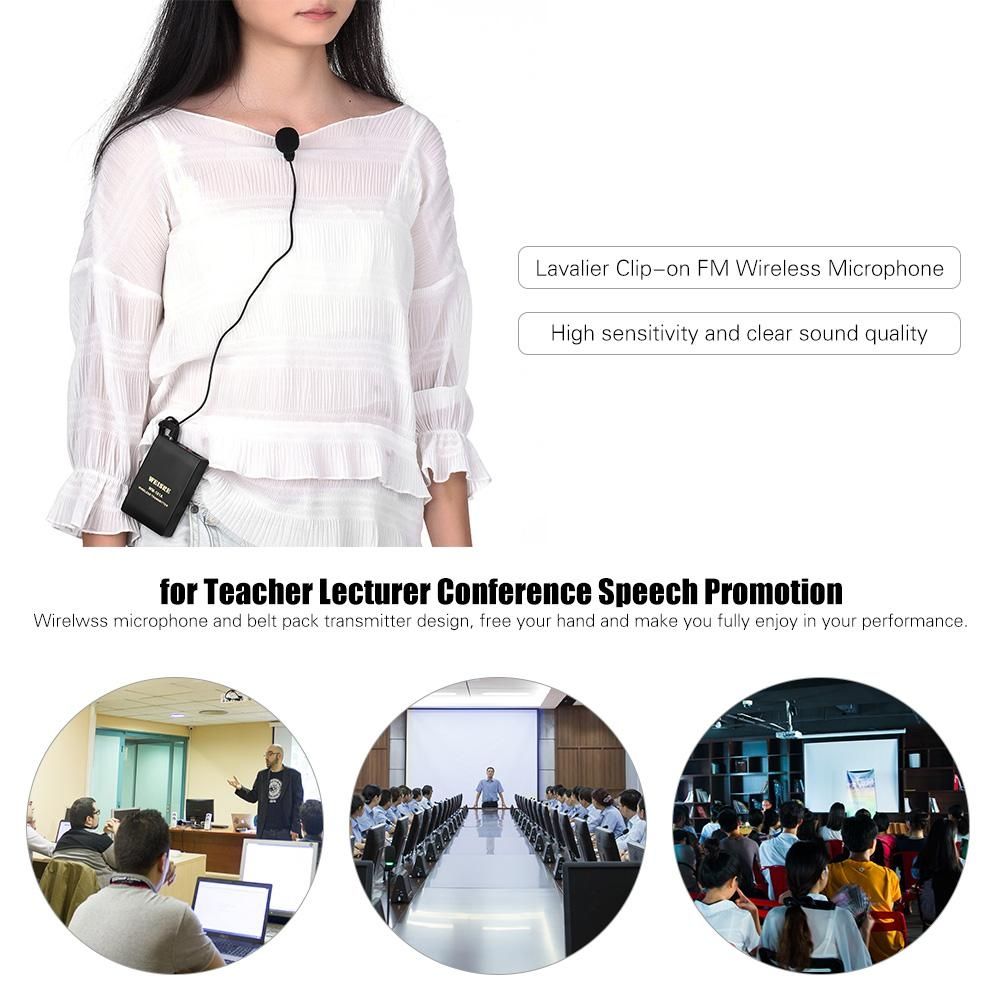 Portable Lavalier Lapel Collar Clip-on FM Wireless Microphone System Voice Amplifier 1/4in Output Plug With Bodypack Transmitter Mini Mic Receiver For Teacher Lecturer Conference Speech Promotion (Black) MLQJ-S