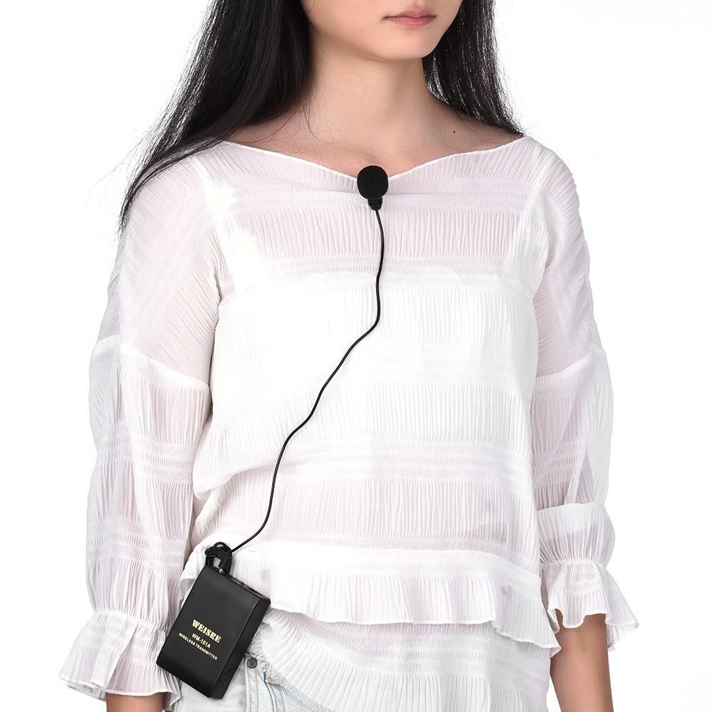 Portable Lavalier Lapel Collar Clip-on FM Wireless Microphone System Voice Amplifier 1/4in Output Plug With Bodypack Transmitter Mini Mic Receiver For Teacher Lecturer Conference Speech Promotion (Black) MLQJ-S
