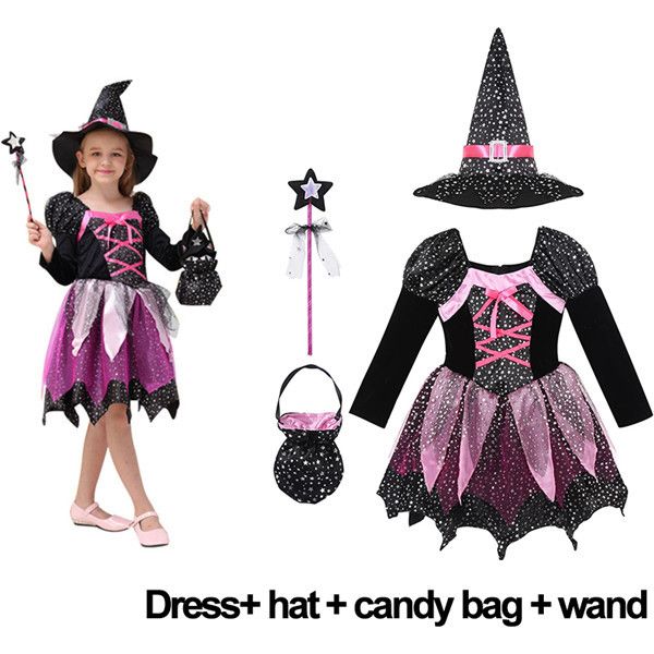 Kid Girls Halloween Witch Costume Cosplay Dress With Hat Wand Dress Up Clothes