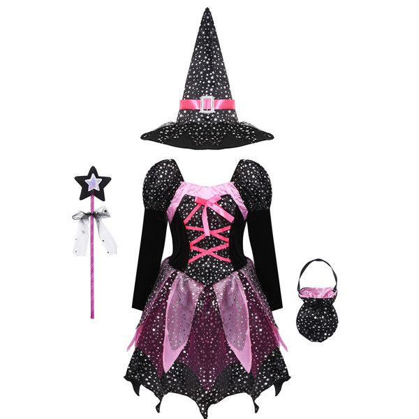Kid Girls Halloween Witch Costume Cosplay Dress With Hat Wand Dress Up Clothes
