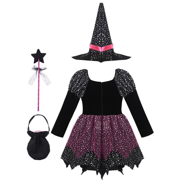 Kid Girls Halloween Witch Costume Cosplay Dress With Hat Wand Dress Up Clothes