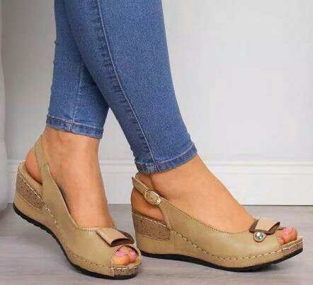 New Lady Fish Mouth Sandals Slope Heel Casual Shoes-Brown