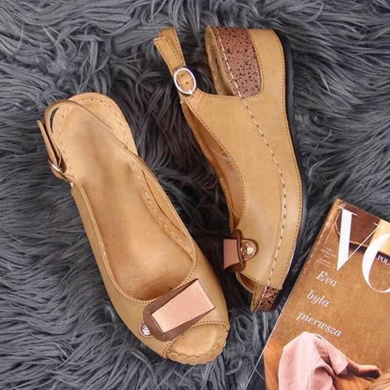 New Lady Fish Mouth Sandals Slope Heel Casual Shoes-Brown