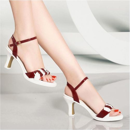 Ladies Color Block High Heel Sandals-White Red