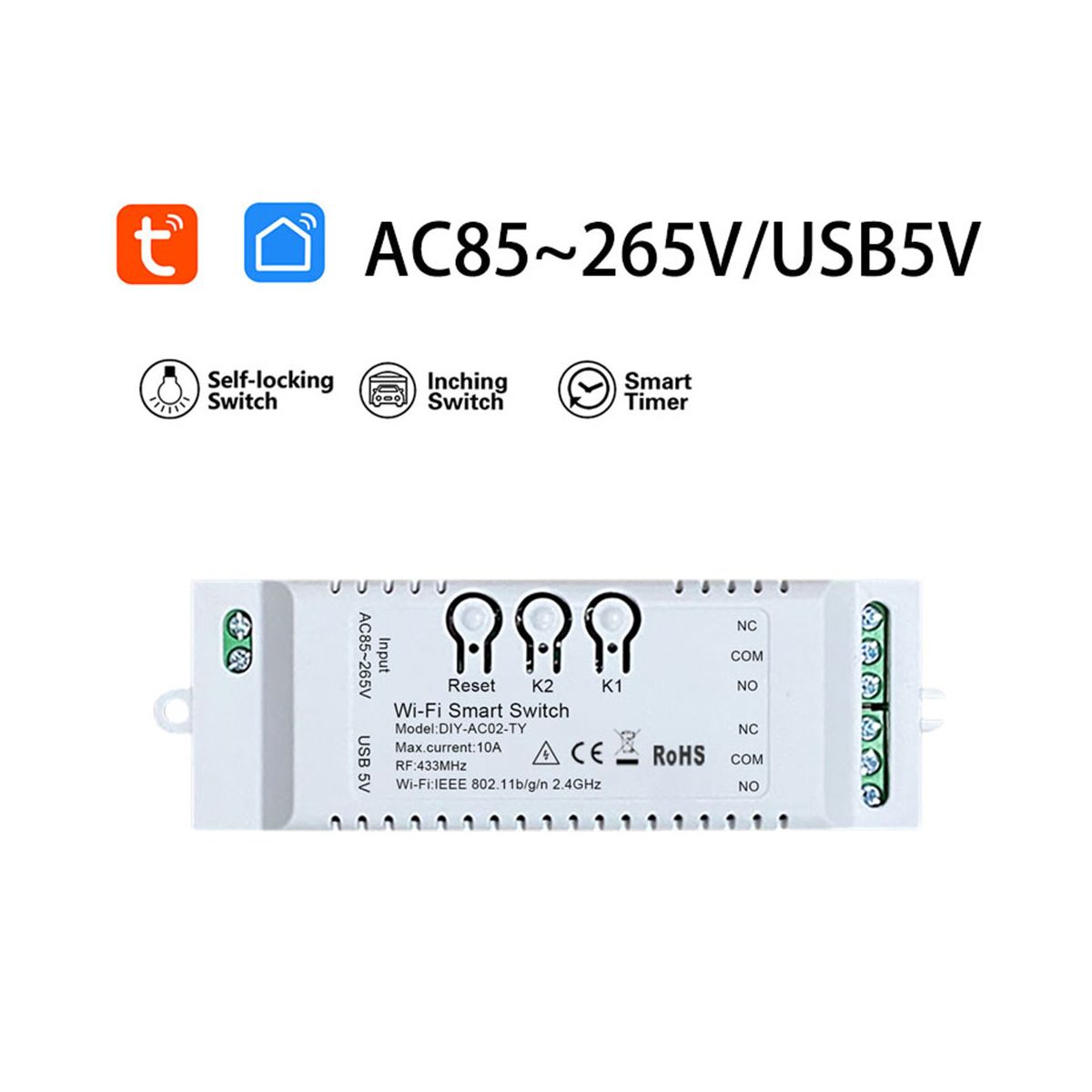 2CH Tuya WiFi Smart Switch DIY Timer 85-265V 5V 2.4G WiFi